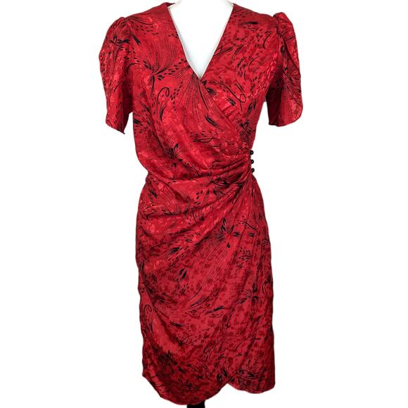 Vintage Blondie and Me Red Satin Ruched Wrap Dress Kimono Evening USA 80's S/M - Picture 1 of 12